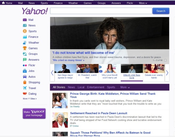 screenshot of headlines on Yahoo News August 23, 2013